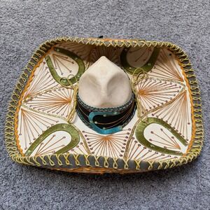 Vintage Mariachi Sombrero Charro Horseshoe‎ Embroidered Sequins Straw Hat Mexico
